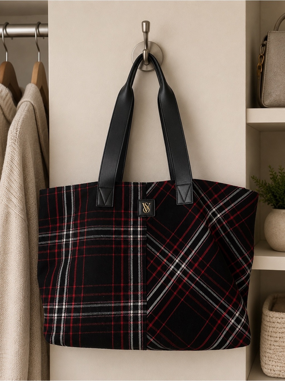 Victoria’s Secret Red Black Plaid Tartan Large Tote Bag